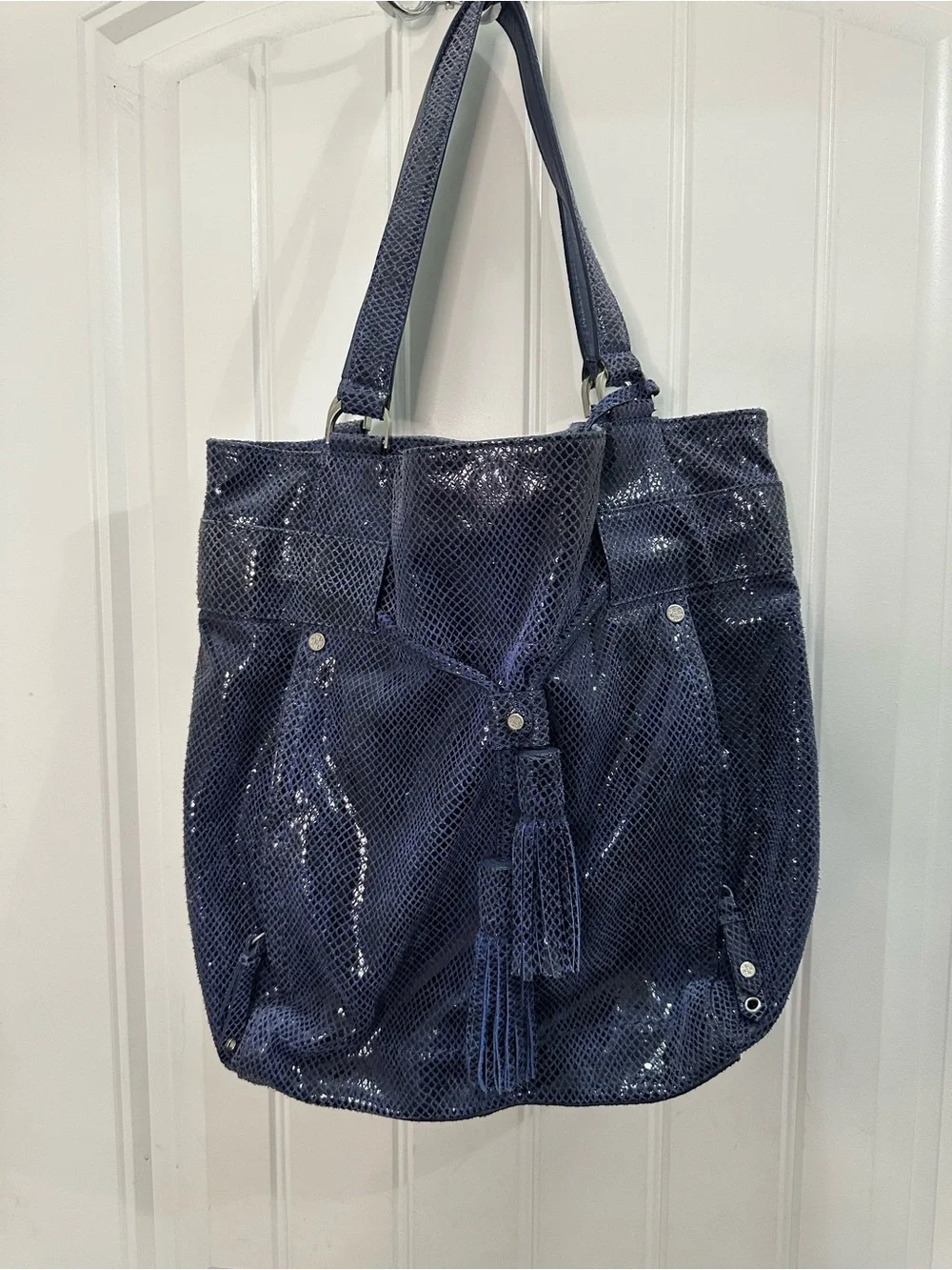 Cole Haan blue snakeskin hobo  Tote with Tassel Accent
